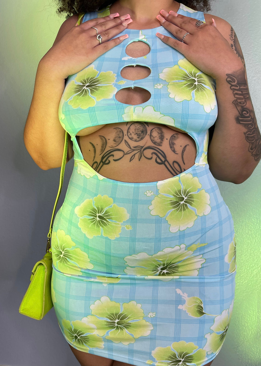 Tropical print cut out mini dress